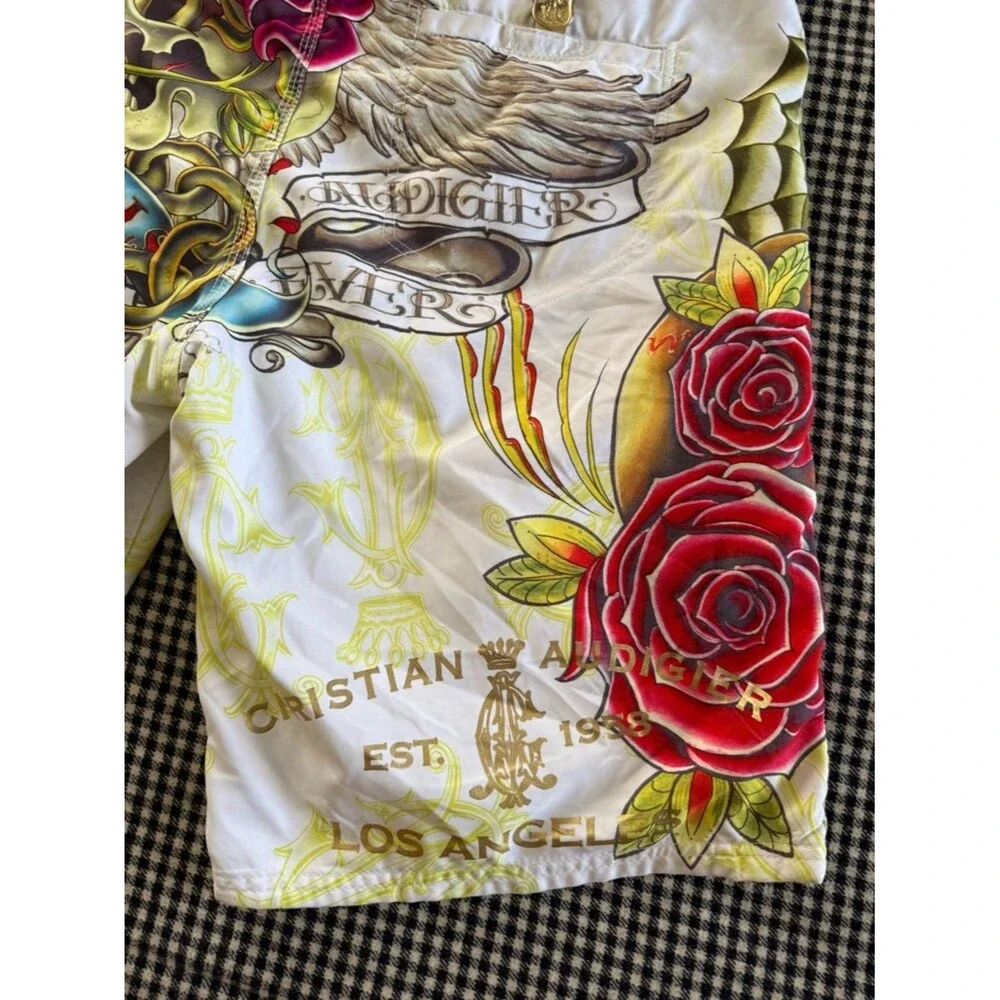 Christian Audigier Tattoo-Print Ed Hardy Board Shorts with Skull/Tiger Y2K! 💀
